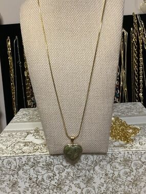 Gold Heart Pendant Necklace with Green Stone